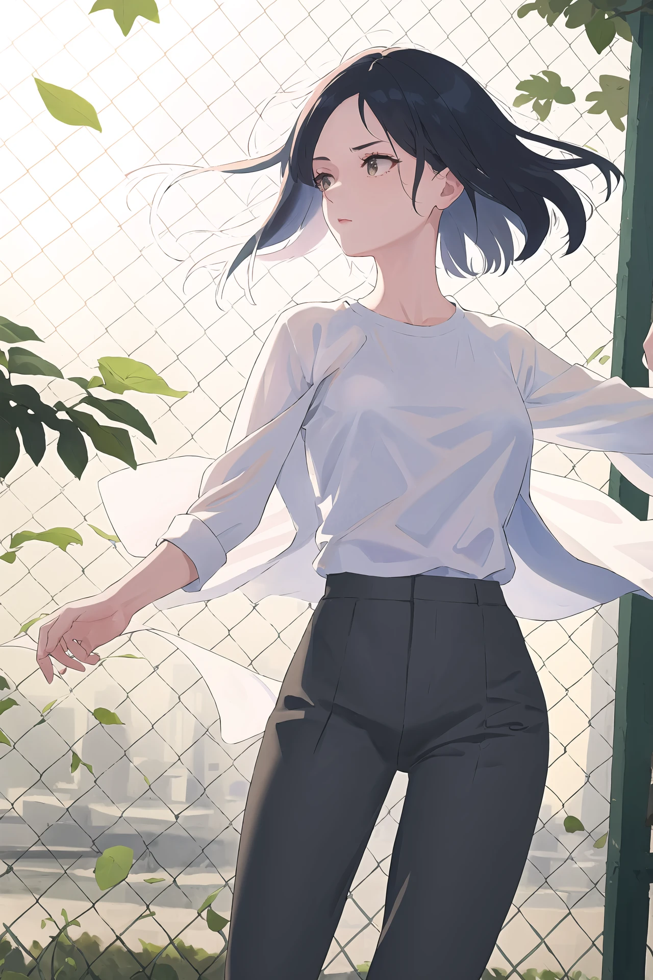 (best quality, masterpiece, highres),1girl,solo,hair pulled back,linen pants,shirt_removed,flower,leaf,wind,
<lora:chain-link fence_v1.05:1>,chain-link fence,