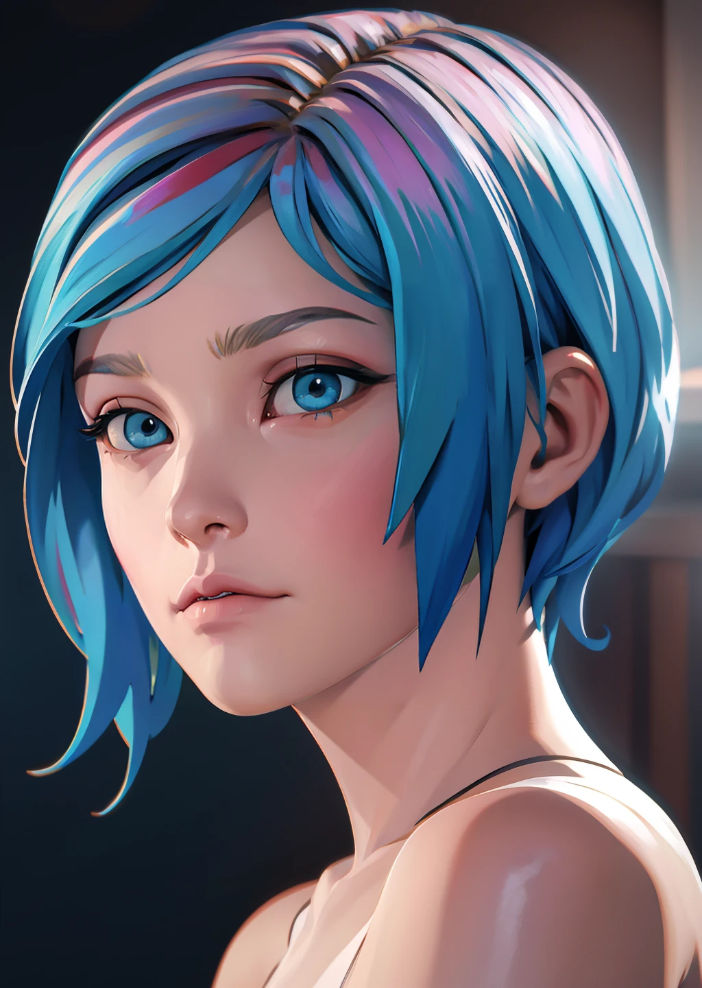 realistic, realism, photorealism, photo-realistic, high contrast, (photorealistic:1.4), 8k high definition detailed realistic, (best quality, masterpiece:1.2), photon mapping, radiosity, physically-based rendering, best quality, highly detailed, chloeprice_byammpuv1, small breasts,  detailed face,detailed eye, short hair,  blue eyes,  looking looking at viewer, (portrait)