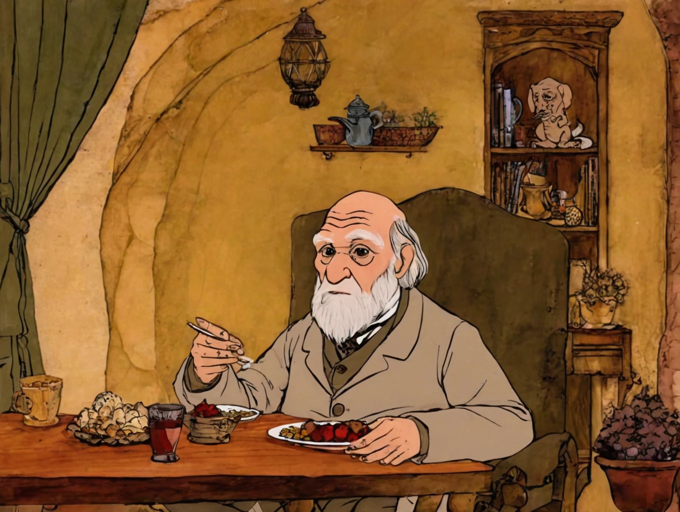 cartoon of Charles Darwin enjoying domestic life , directed by Christopher Nolan( in rankinbasshobbit style:1.1)
<lora:add-detail-xl:0.65> <lora:rankinbasshobbit_styleXL_v.10.2-000002:1.0>