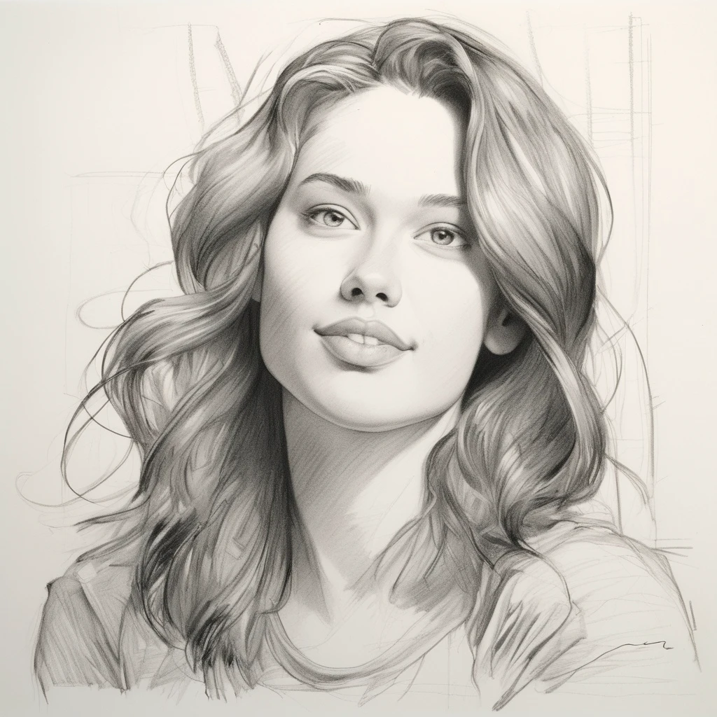 sketch of young women with pencils and ink pen stroke. white background, long hair, close up, The artwork should be in black and white, set against a white background, employing crosshatching pencil strokes. Use a cartoon-style approach with multiple sketches, emphasizing bold curves and maintaining a high level of detail. Capture the joyful expression on the youth's face as they craft their artistic creation, highlighting the playful and creative nature of the sketching process,