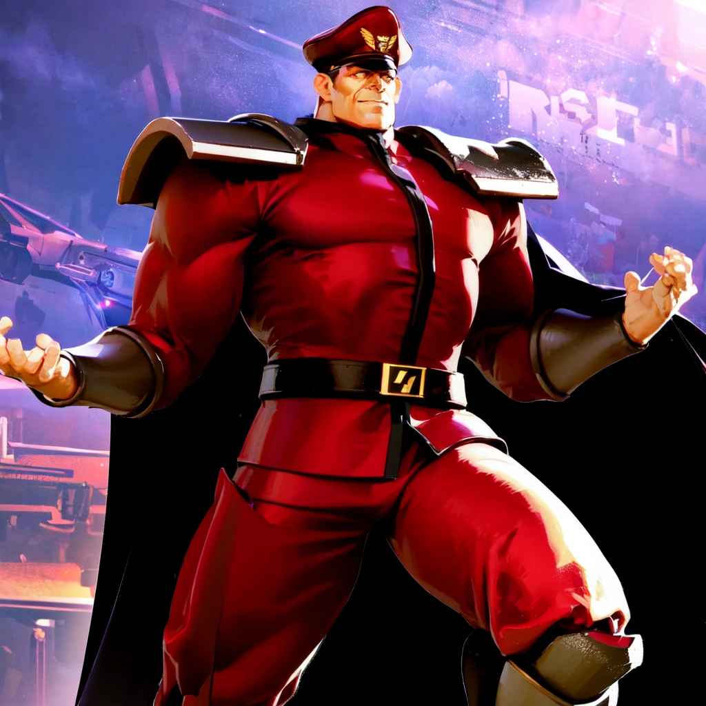 a man kicking with his leg on an aircraft carrier<lora:BisonLoRA:1> bison, red outfit and military, cap, cape, purple magic, beautiful eyes, high detail skin, high detail eyes, high detail hair, highres, ultra detailed, ,sharpen picture, Highly detailed, masterpiece, best quality, upper cut