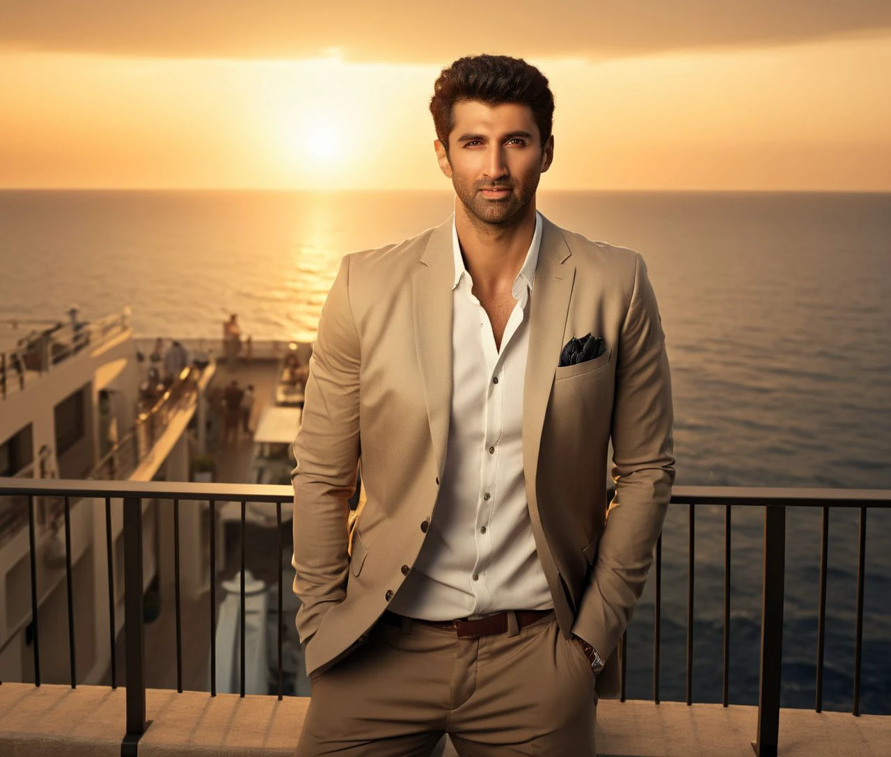 Nautical-themed (Photo:1.3) of (Ultrarealistic:1.3) <lora:Man_Men_FFashion:1> david benioff a man <lora:adityark-davidbenioff:1> in a tan suit standing on a balcony, sun behind him, inspired by Pablo Munoz Gomez, shot at golden hour, editorial photograph, midshot of a hunky, by Roman Bezpalkiv, by Artur Tarnowski, maxim sukharev, by Gabor Szikszai,Highly Detailed,(Mono Color:1.3) . Sea, ocean, ships, maritime, beach, marine life, highly detailed