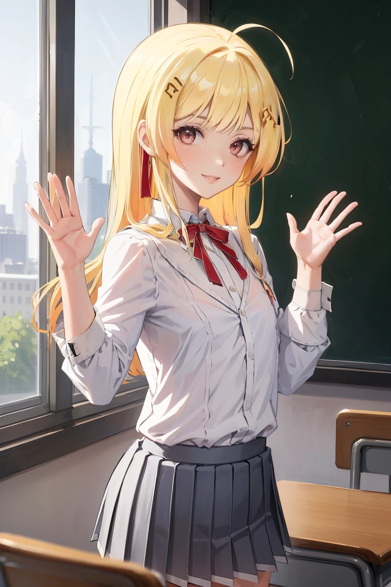 masterpiece, best quality, absurdres, OtonoseKanade, ahoge, hair ribbon, musical note hair ornament, classroom, window, school uniform, dress shirt, pleated skirt, waving at viewer, smile, <lora:OtonoseKanade:1.0>