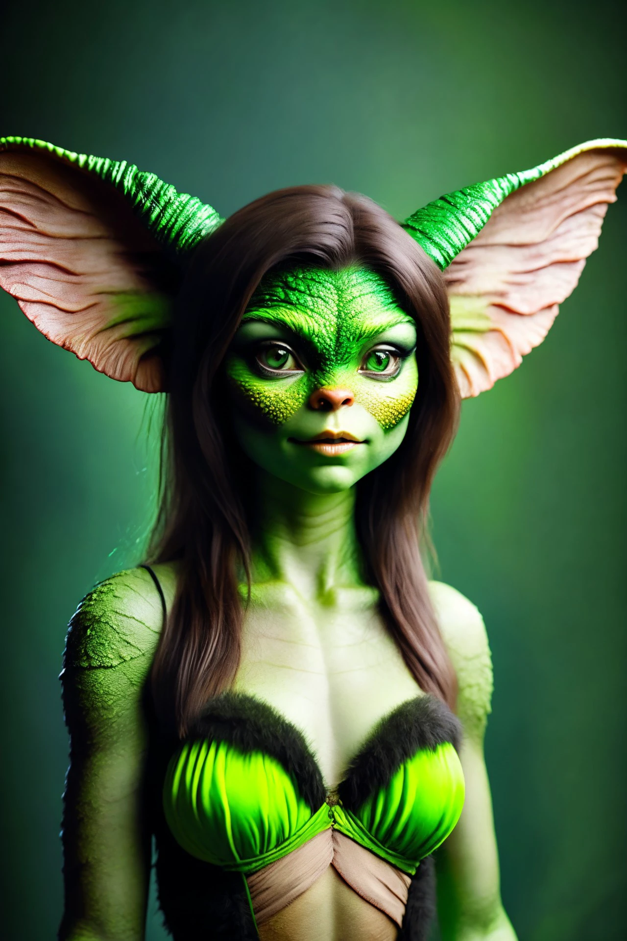 cute gremlin girl with green skin, andrew vasiliev style, realistic, realistic, upper body, abbe bi style,
([hannah hays|krystal boyd|marina visconti]:0.9), 21 year old, 
, alluring, attractive, amazing photograph, masterpiece, best quality, highres,
 <lora:gremlin_girl_1:1>