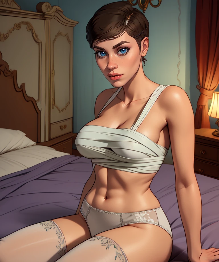 jackwh,lips,blue eyes,very short hair,
white underwear,chest bandages,
sitting,
inn,bedroom,
(insanely detailed, beautiful detailed face,beautiful detailed eyes, masterpiece, best quality),<lora:jackWH:0.8>,