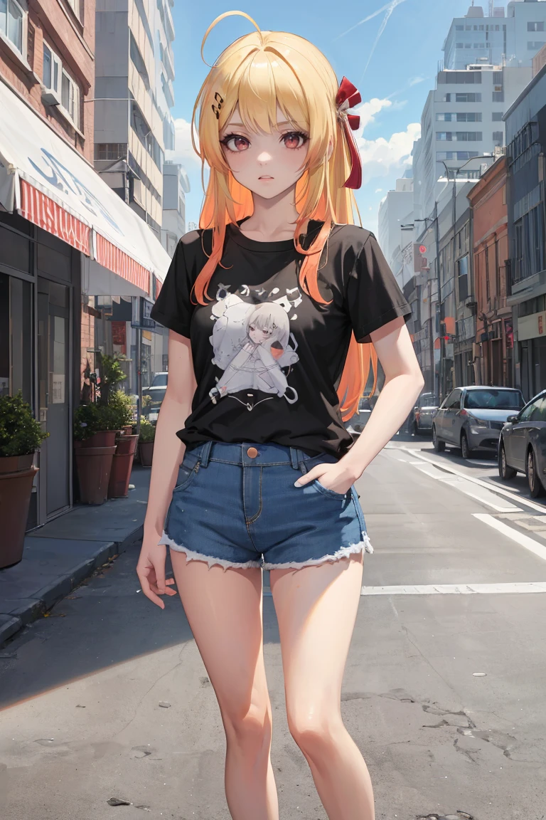 masterpiece, best quality, absurdres, OtonoseKanade, ahoge, hair ribbon, musical note hair ornament, t-shirt, denim shorts, standing, outdoors, city, hands in pockets, <lora:OtonoseKanade:0.9>