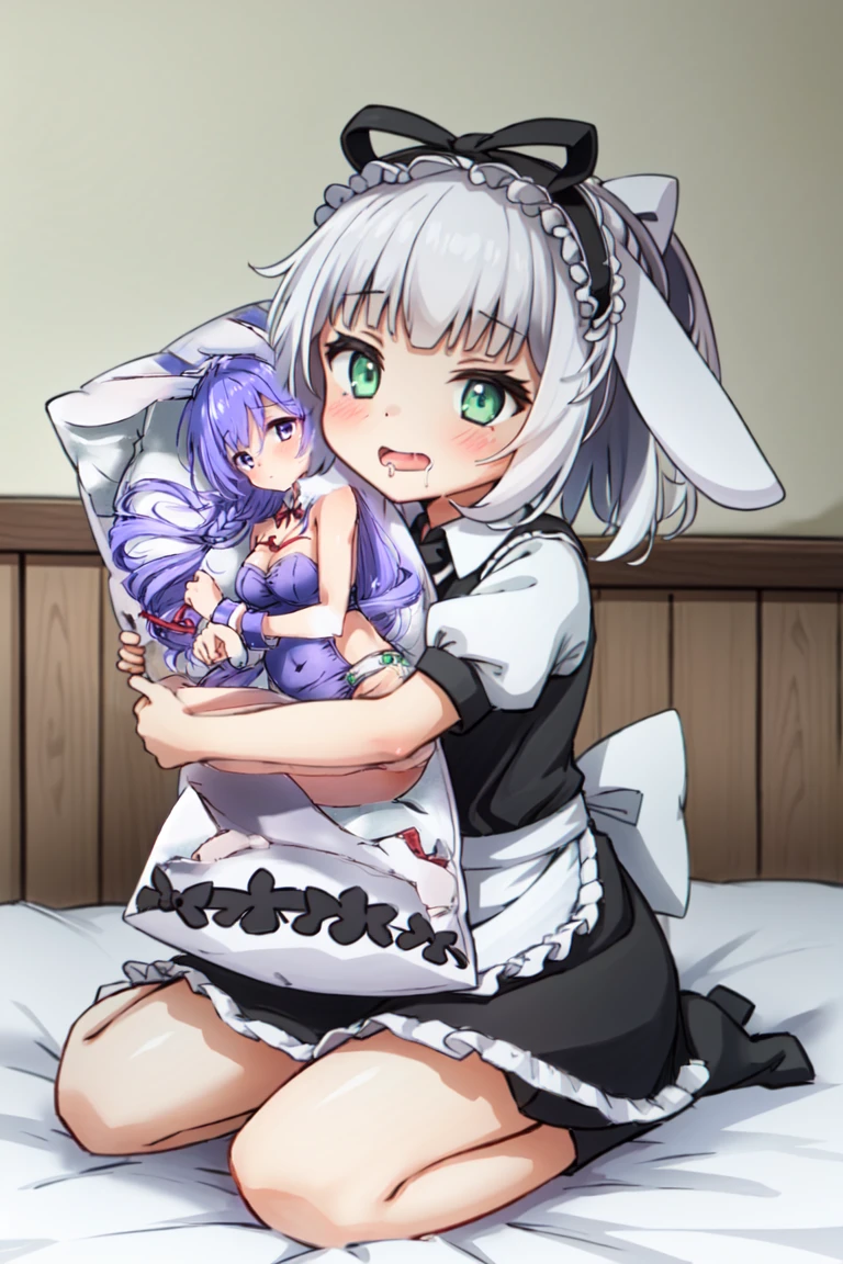 <lora:Irisu:0.8>, irisu, 1girl, solo, grey hair, green eyes, rabbit ears, short hair, maid, maid headdress, maid apron, dakimakura \(object\), pillow hug, drooling, female pervert, sitting, wariza, blush, masterpiece, best quality,