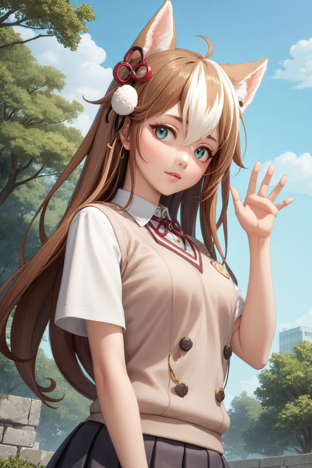 masterpiece, best quality, high quality, upper body, outdoors, looking at viewer, 1girl, waving, <lora:hina-fi-09:1.0>, hina-fi, two-tone hair,tokiwadai school uniform,  <lora:tokiwadai_school_uniform:1>