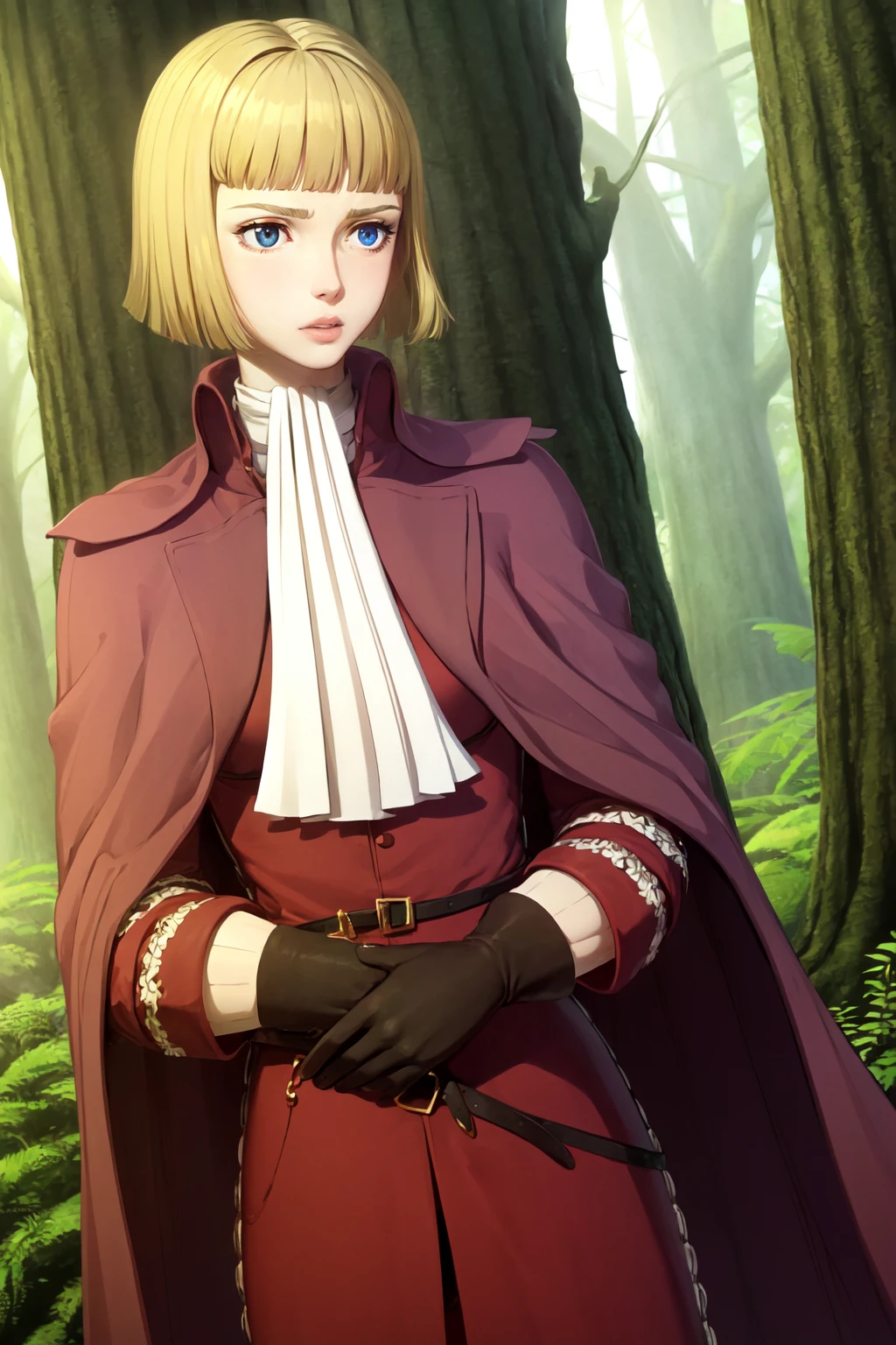 farnejour, 1girl, solo, bob cut, cloak, ascot, red shirt, long sleeves, gloves, belt, pants, forest, (lips:0.4), mature female,  <lora:farnearm_V8-09:0.8>