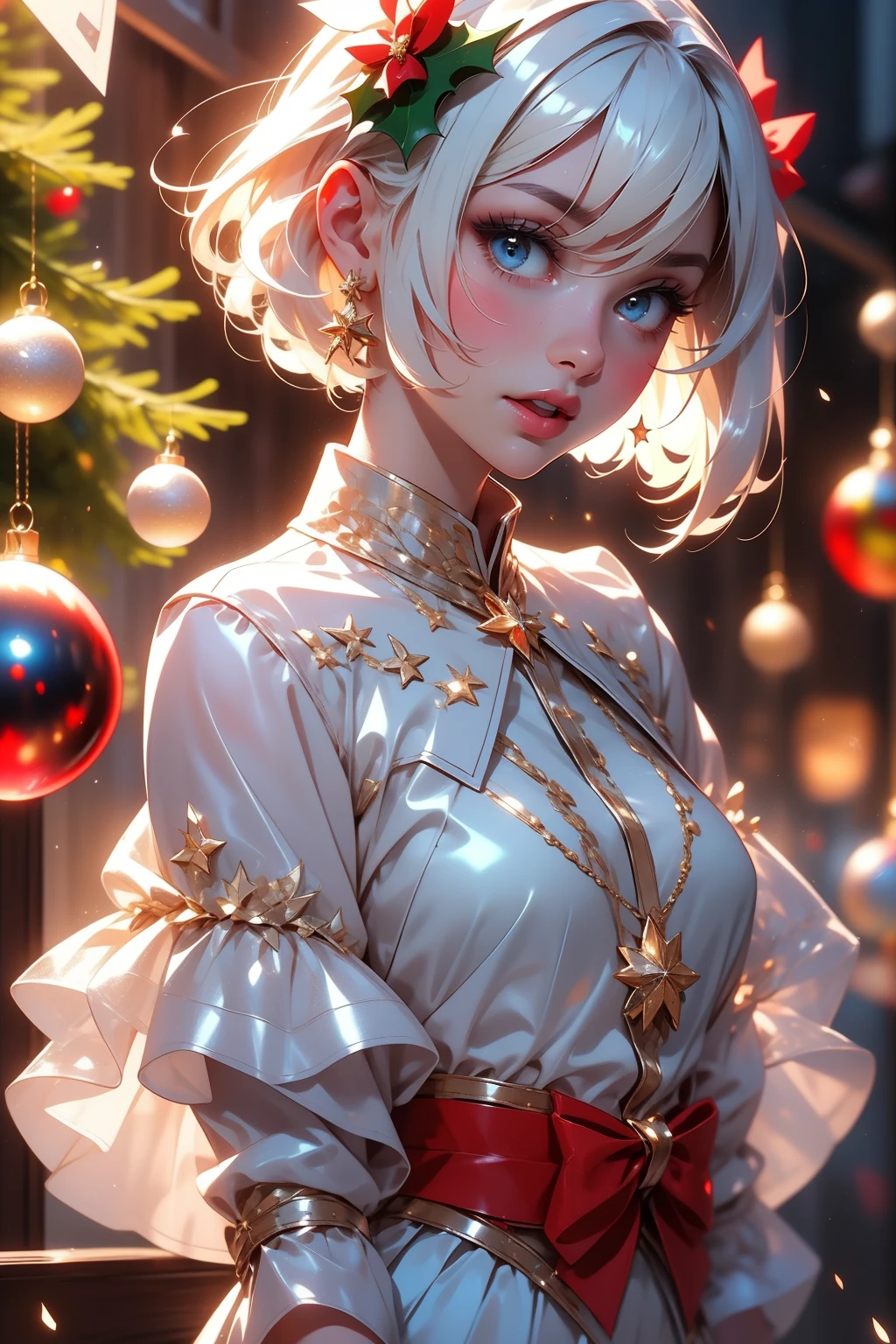 1girl,  solo,  dress,  short hair,  full body,  white hair,  bangs,  red nails,  white dress,  pantyhose,  smile,  bow,  blunt bangs,  open mouth,  red footwear,  puffy sleeves,  white pantyhose,  white background,  standing,  standing on one leg,  red bow,  christmas,  skirt hold,  nail polish,  flower,  looking at viewer,  hair ornament,  bob cut,  merry christmas,<lora:EMS-1093-EMS:0.100000>