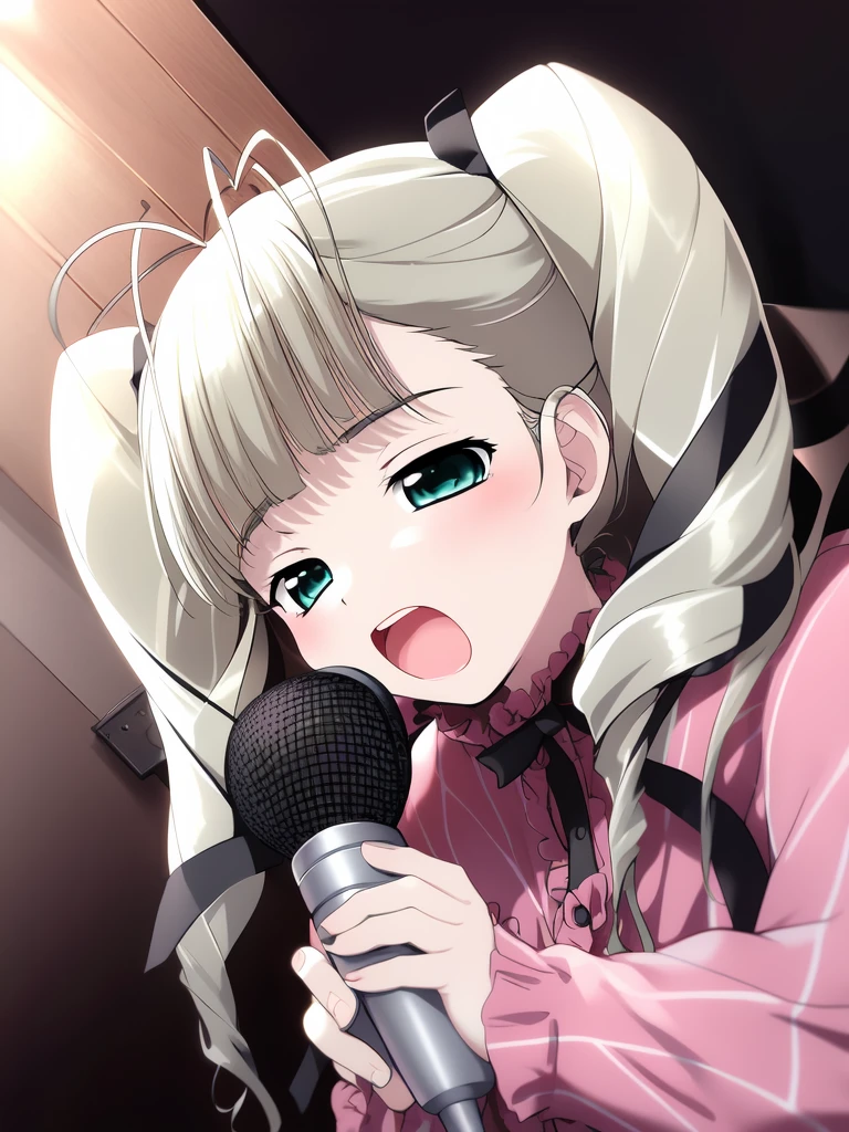 <lora:Aino_Pekonen:1>AinoPekonen, 1girl, solo, microphone, drill hair, singing, music, twintails, dutch angle, ribbon, karaoke, green eyes, antenna hair, open mouth, hair ribbon, twin drills, long sleeves