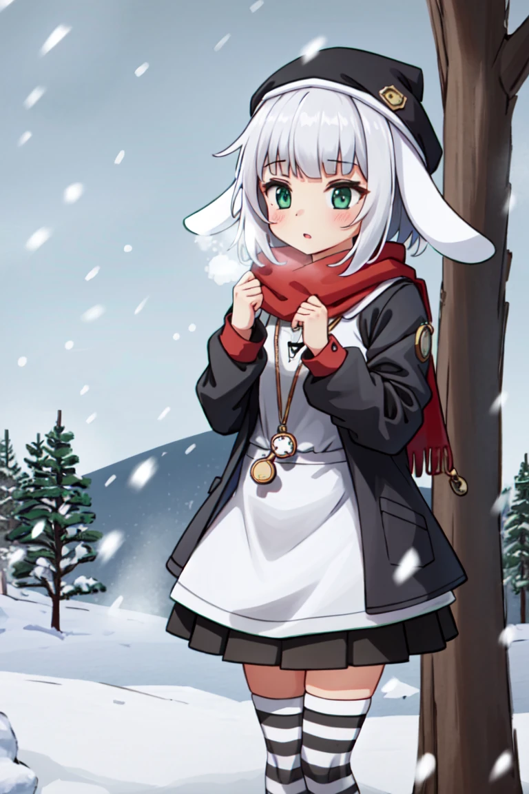 <lora:Irisu-000008:0.8>, irisu, 1girl, solo, grey hair, green eyes, rabbit ears, short hair, jacket, skirt, red scarf, pocket watch, outdoors, beanie, snow, snowing, visible breath, cold, striped legwear, masterpiece, best quality,