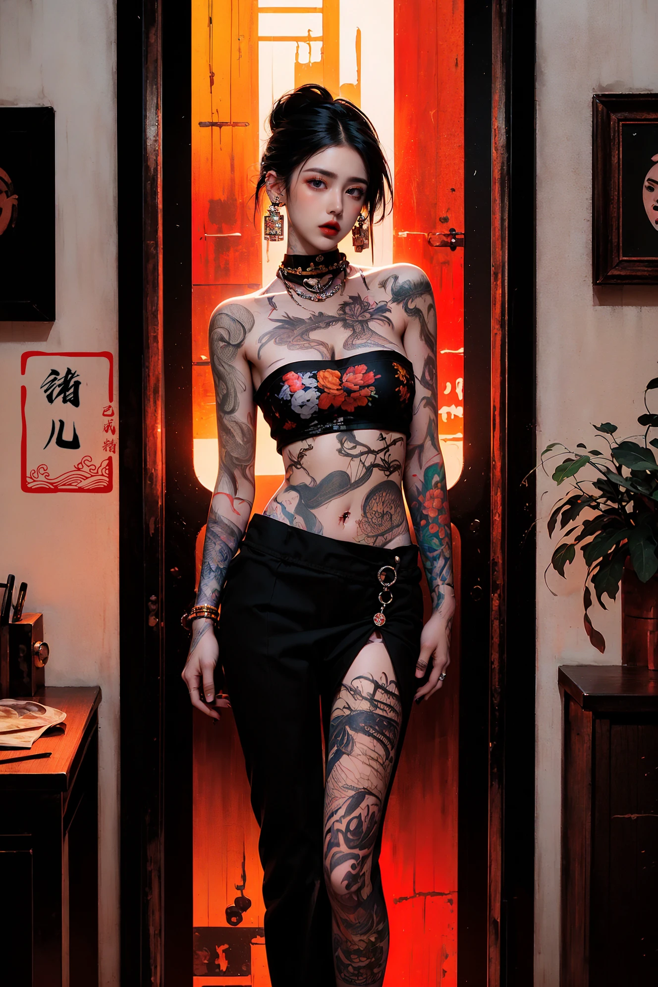 RAW image quality, Japanese, 14 years old, embarrassed expression, Girl and Horihada, Yakuza, japanese mafia, Background of Tokyo Red Light District, realistic, Photoreal, masterpiece, highest quality, Movie photo of a Japan cartel gang with tattoos, spectacular lighting, japanese Yakuza tattoo, Japanese art, Japanese culture, sexy, exotic, erotic, black micro bikini, low rise, Medium bust, cleavage, thin pubic hair, sit with legs apart, biologically correct,