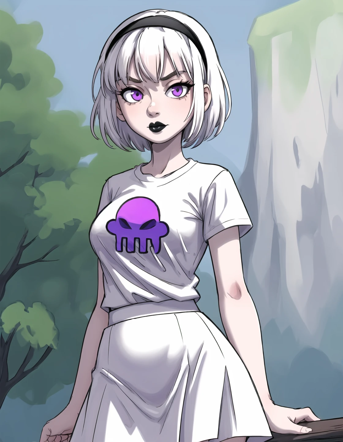 best quality, afterglow, 4k, ((masterpiece)), extremely detailed, 8k, trending on ArtStation, Intricate, High Detail, Sharp focus, rolalstart <lora:rolalstart:1>,symbol on shirt,1girl,solo,purple eyes,short hair,skirt,simple background,shirt,hairband,lipstick,white shirt,t-shirt, white hair,black lips, <lora:more_details:0.5>, white skin, white skirt,cowboy shot, chubby, outdoors, wide hips, (miniskirt)
