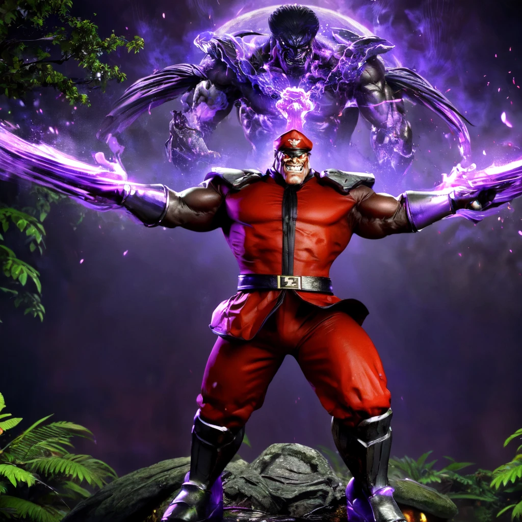 a man fighting in a jungle, looking grim <lora:BisonLoRA:1> bison, red outfit and military, cap, cape, purple magic, beautiful eyes, high detail skin, high detail eyes, high detail hair, highres, ultra detailed, ,sharpen picture, Highly detailed, masterpiece, best quality, upper cut,