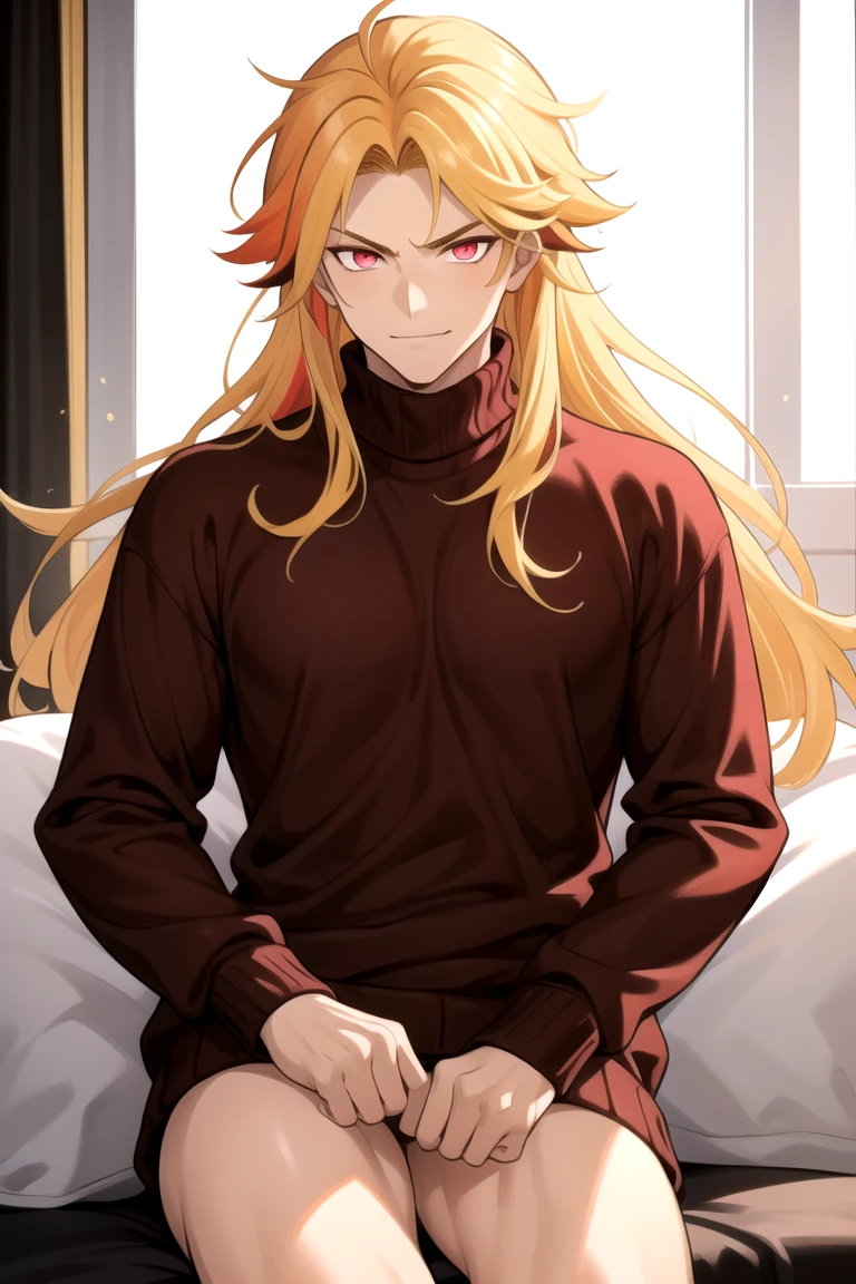 Masterpiece, best quality, highres, male focus, looking at the viewer, smug expression, wearing a comfy fluffy sweater, multicolored hair, blonde hair, long hair, orange streaks, magenta streaks, 1boy, ringed eyes, yellow eyes, red pupils, smirk, (bottomless), <lora:csorin:0.6:OUTALL>