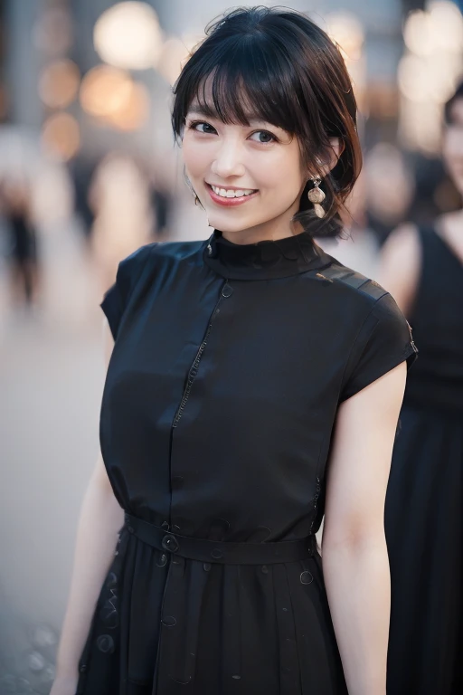 1girl, (wearing a black dress:1.6),(RAW photo, best quality), (realistic, photo-realistic:1.4), masterpiece, an extremely delicate and beautiful, extremely detailed, 2k wallpaper, Amazing, finely detail, extremely detailed CG unity 8k wallpaper, ultra-detailed, highres, soft light, beautiful detailed girl, extremely detailed eyes and face, beautiful detailed nose, beautiful detailed eyes,(cinematic lighting:1.4),(in the city at night:1.8),perfect anatomy,(slender body:1.2),(close up face:2.0),(laughing:2.0),(looking at viewer:1.8),(japanese idol:1.8),(wavy hair), (brown eyes:1.8),(walking:1.8),(cleavage:1.2), <lora:kurosawatomoyo_lora-10:0.8>