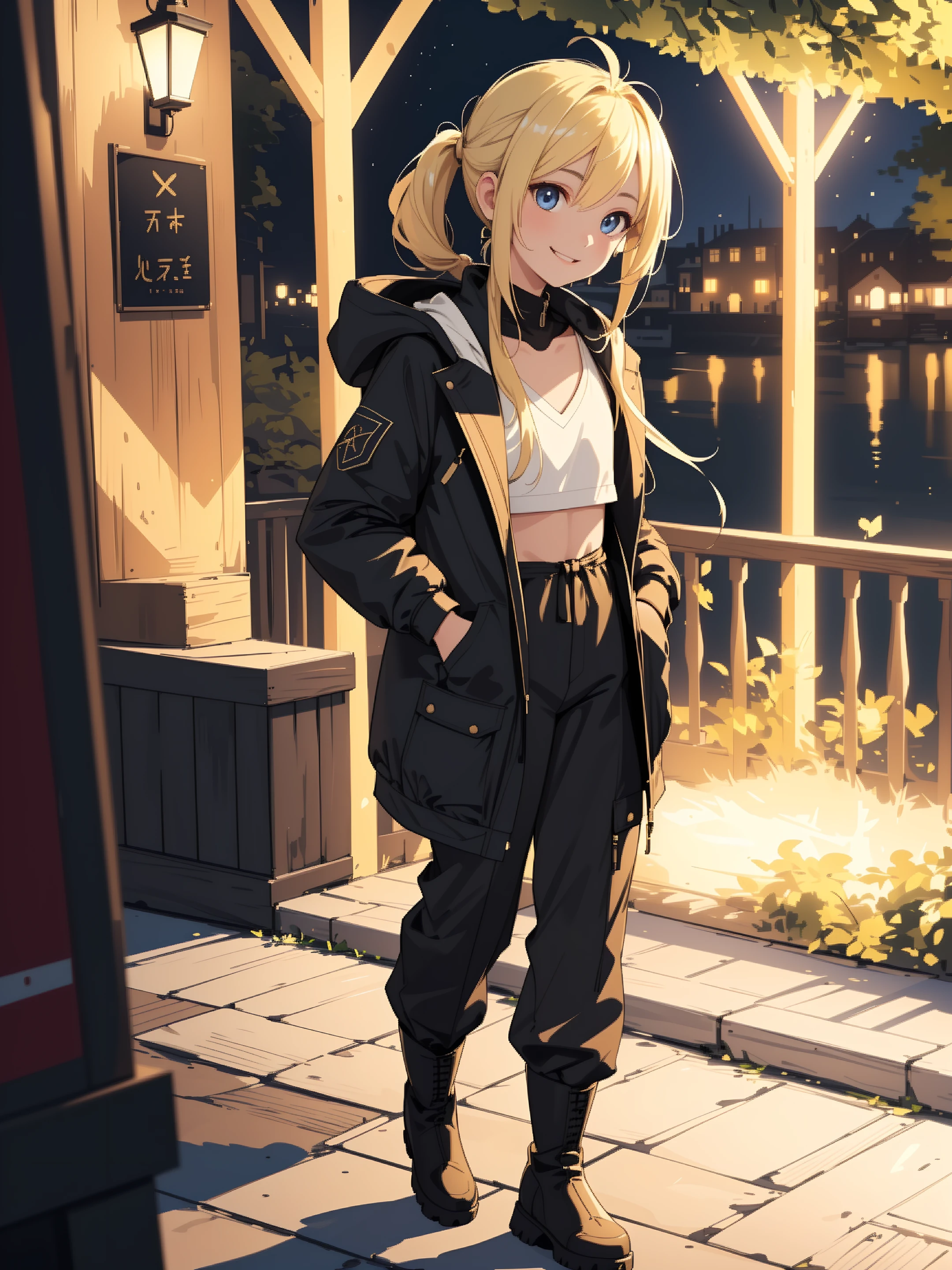 ((extremely detailed 8k illustration)), highres, (extremely detailed and beautiful background), ultra detailed painting, professional illustrasion, Ultra-precise depiction, Ultra-detailed depiction, (beautiful and aesthetic:1.2), HDR, (depth of field:1.4), colorful, vivid, beautiful detailed glow light particles, intricate:1.4, nice hands, perfect hands,
(young girl), beautiful face and eyes, Beautiful hair, floating hair, shoulder length hair, (blonde hair), bobbed hair, pony tail, antenna hair, shiny skin, pretty, small stature, ( flat chest), active personality, smile broadly, smile sweetly, ((double piece)),
Hooded parka with cargo pants and ankle boots,
a meal and wine on the terrace of an upscale restaurant,