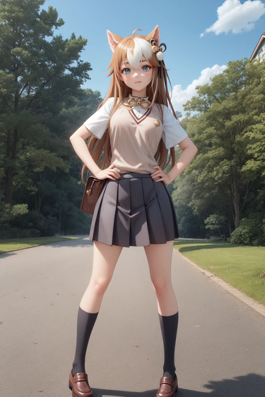 masterpiece, best quality, high quality, full body, outdoors, looking at viewer, 1girl, hand on hip, <lora:hina-fi-09:1.0>, hina-fi, two-tone hair,tokiwadai school uniform,  <lora:tokiwadai_school_uniform:1>