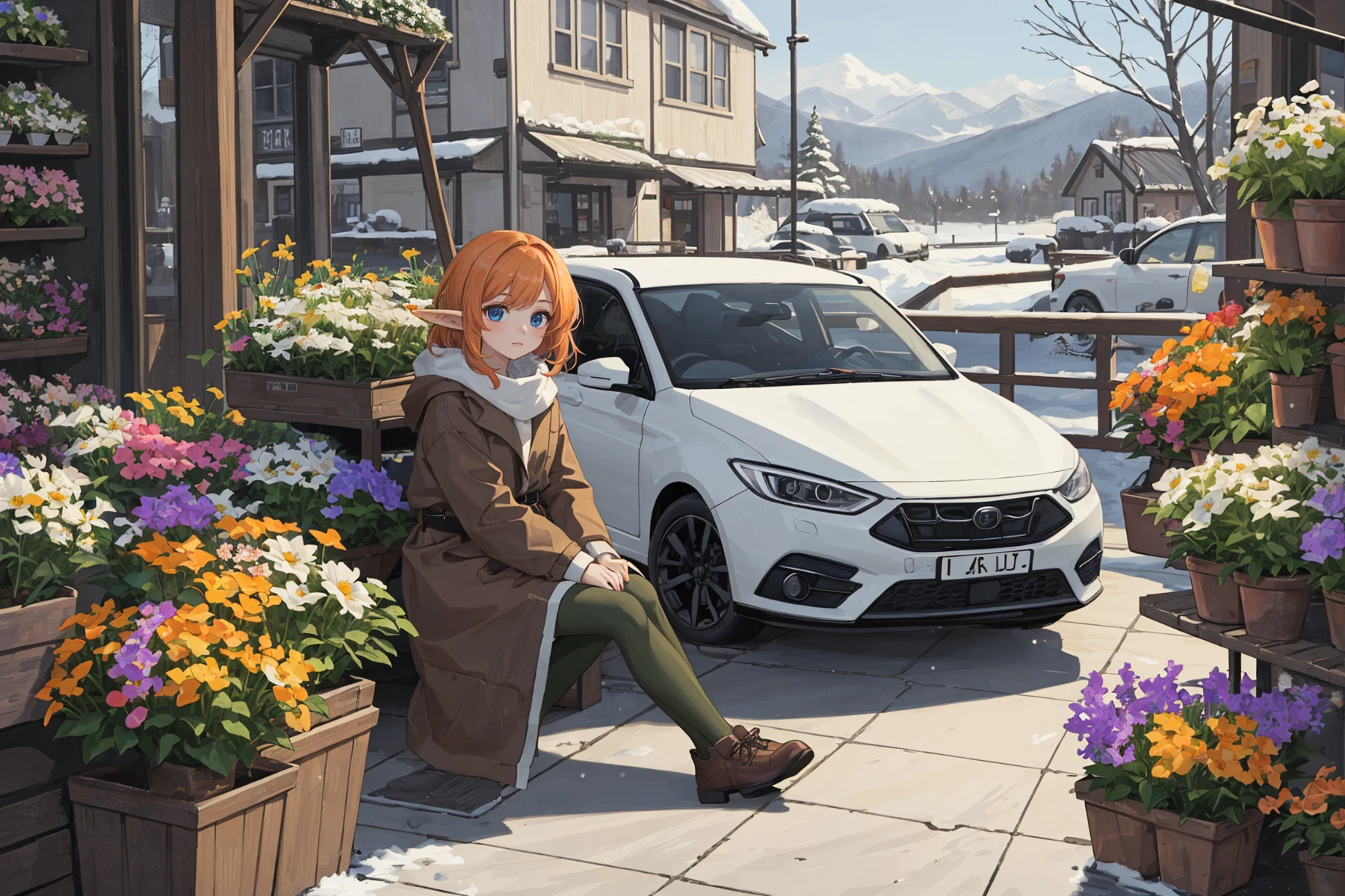 1girl, elf, tomboy,
fantastic scenery, flower shop, sitting on floor, feet, winter, cars
orange ringlets hair