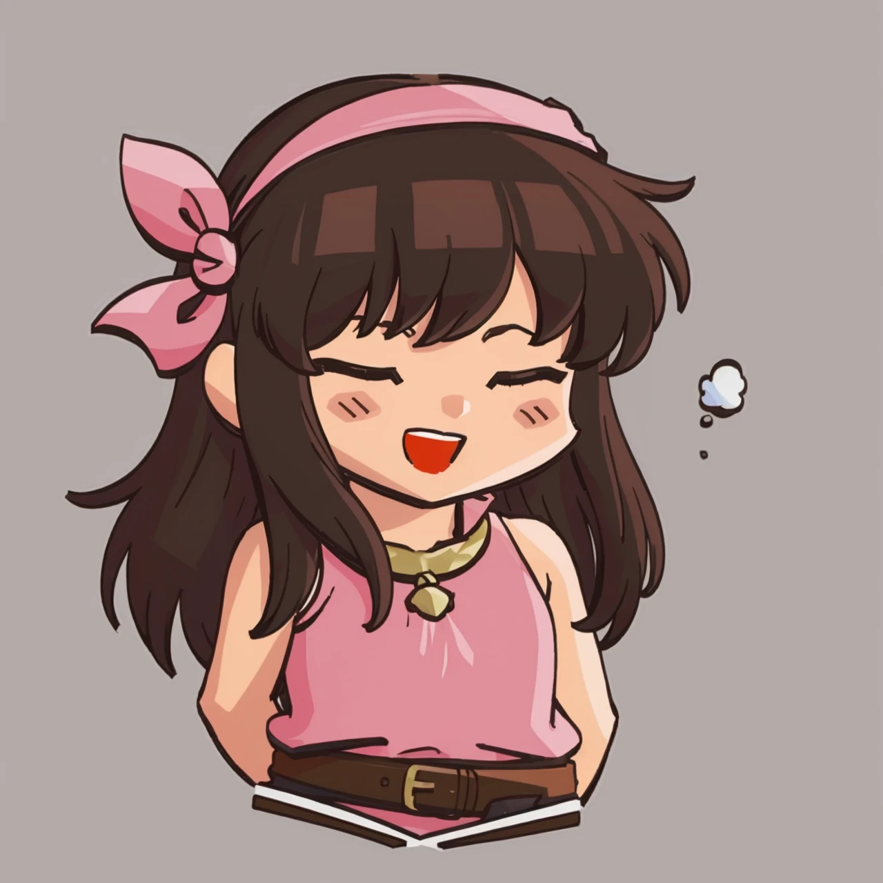 masterpiece, best quality, solo, 1girl, looking at viewer, :d, closed eyes, <lora:FEH-MTH_Fp:0.8>, simple background, chibi, <lora:DaisyFE:1>, daisyfe, (pink tunic), hairband, belt, arms behind back, brown hair