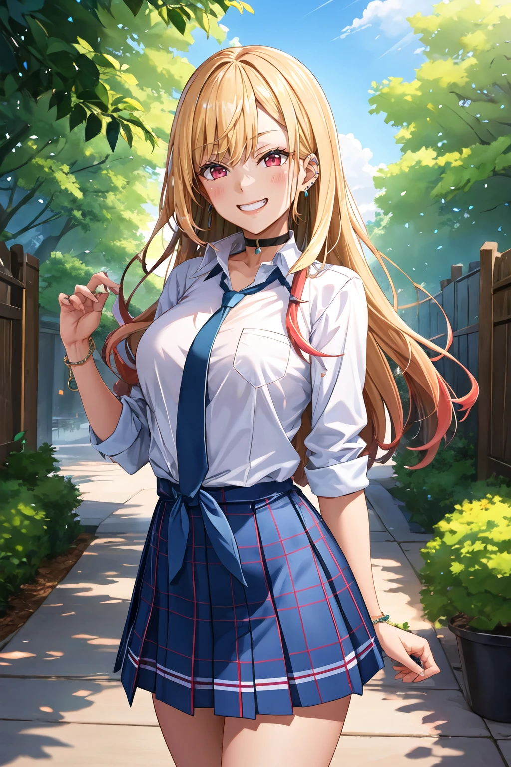 masterpiece, best quality, highres, kitagawa marin, 1girl, blonde hair, long hair, multicolored hair, red eyes, jewelry, earrings, piercing, school uniform, white shirt, tied shirt, black choker, blue necktie, plaid skirt, <lora:kitagawa_marin_v1-1:0.7>, grin, smile, standing, cowboy shot, outdoors,   <lora:Oni-noboru-Style-v1_509788:1>