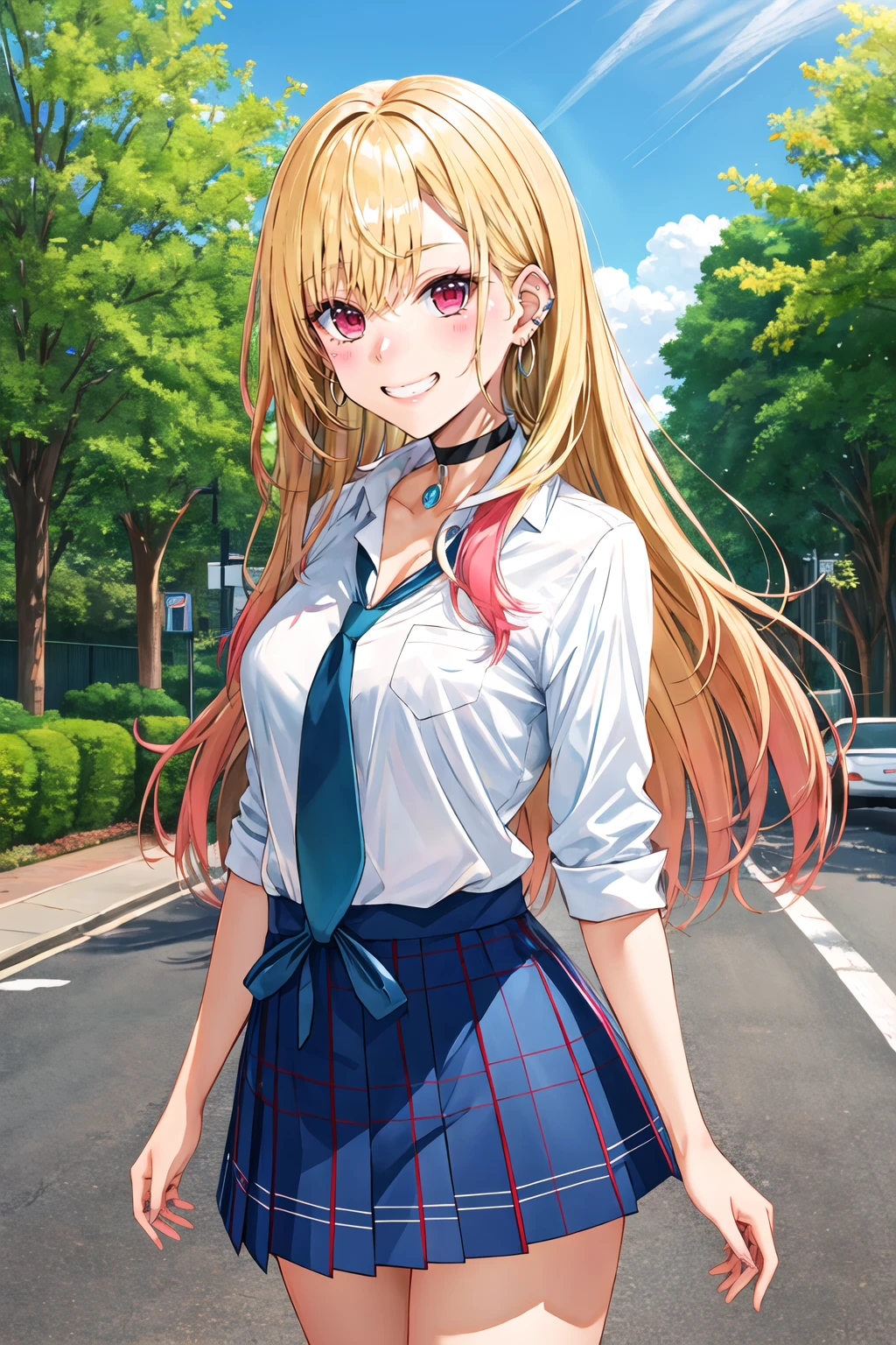 masterpiece, best quality, highres, kitagawa marin, 1girl, blonde hair, long hair, multicolored hair, red eyes, jewelry, earrings, piercing, school uniform, white shirt, tied shirt, black choker, blue necktie, plaid skirt, <lora:kitagawa_marin_v1-1:0.7>, grin, smile, standing, cowboy shot, outdoors, <lora:Koumashiro-Style_481196:1>