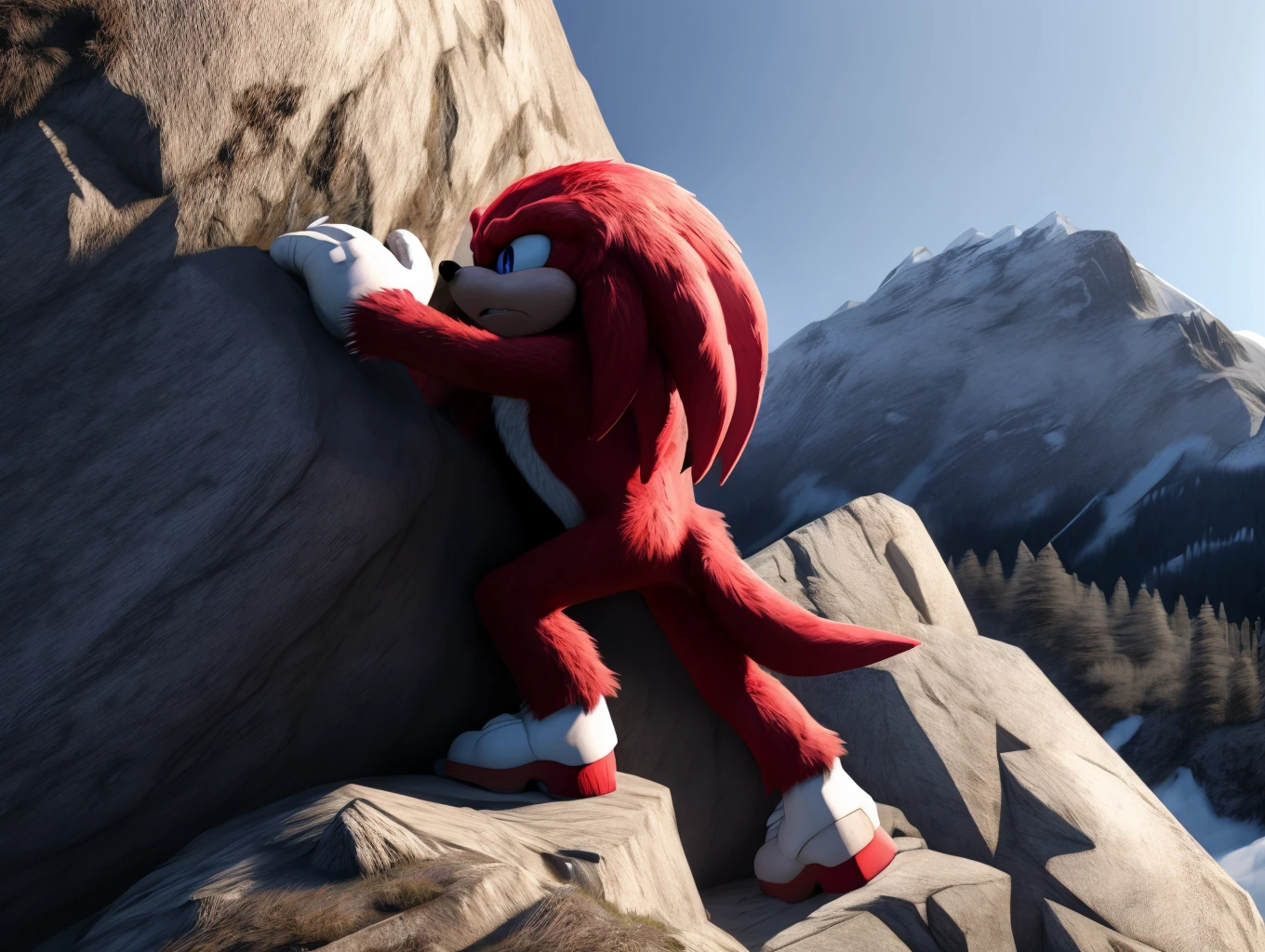 best quality,high quality,
knuckles_the_echidna,climbing mountain,mid climb,steep,rock climbing,from side,mountains and forest in distance,
<lora:knuckles_1.5_v1:1>