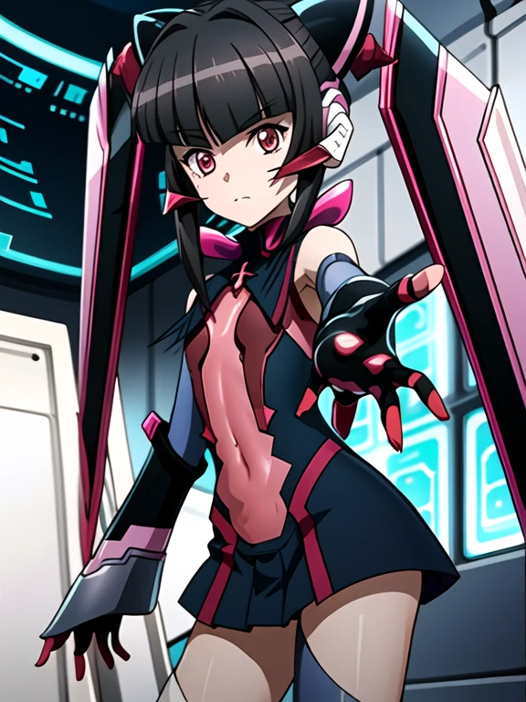 best quality, extremely detailed cg, (twintails:1.2), shulshagana, outstretched hand,  shirabe, looking at viewer, FISlab, monitors, depth of field, <lora:G-ShirabeV3:1>