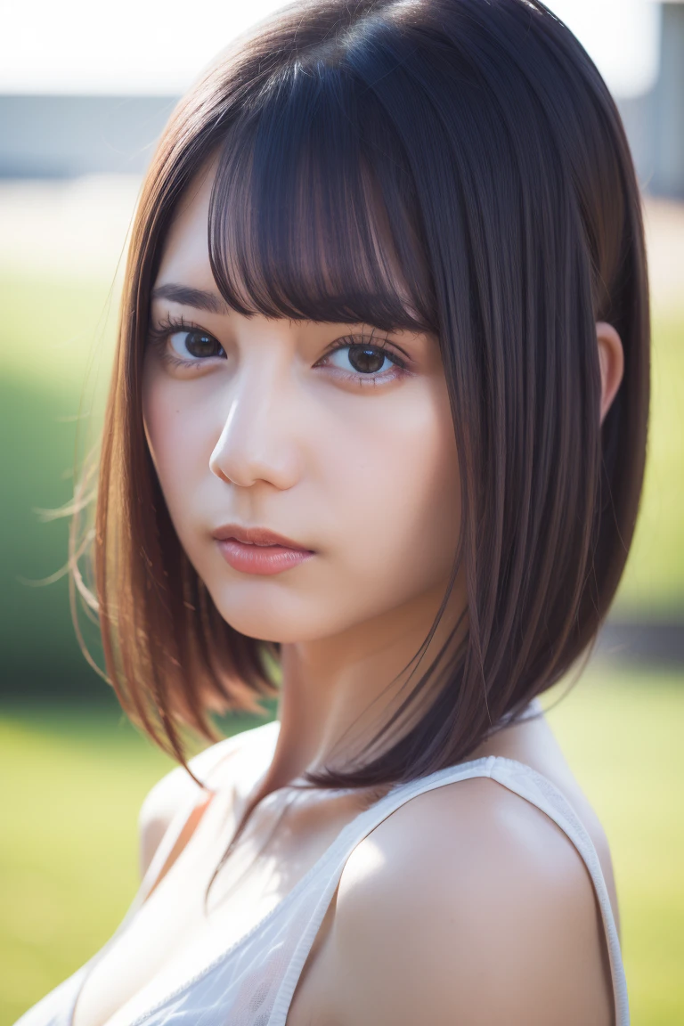 (4k, best quality, highres:1.1), (realistic, masterpiece),
1girl, looking at viewer, black hair, bangs, parted lips,
bokeh, sunlight,