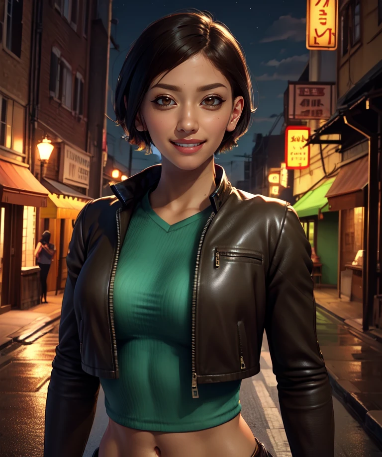 nair,black hair,short hair,brown eyes,
green shirt,leather jacket,midriff,navel,toned,
standing,upper body,smile,
city,alley,night,
(insanely detailed, beautiful detailed face,beautiful detailed eyes, masterpiece, best quality),<lora:nair:0.8>,