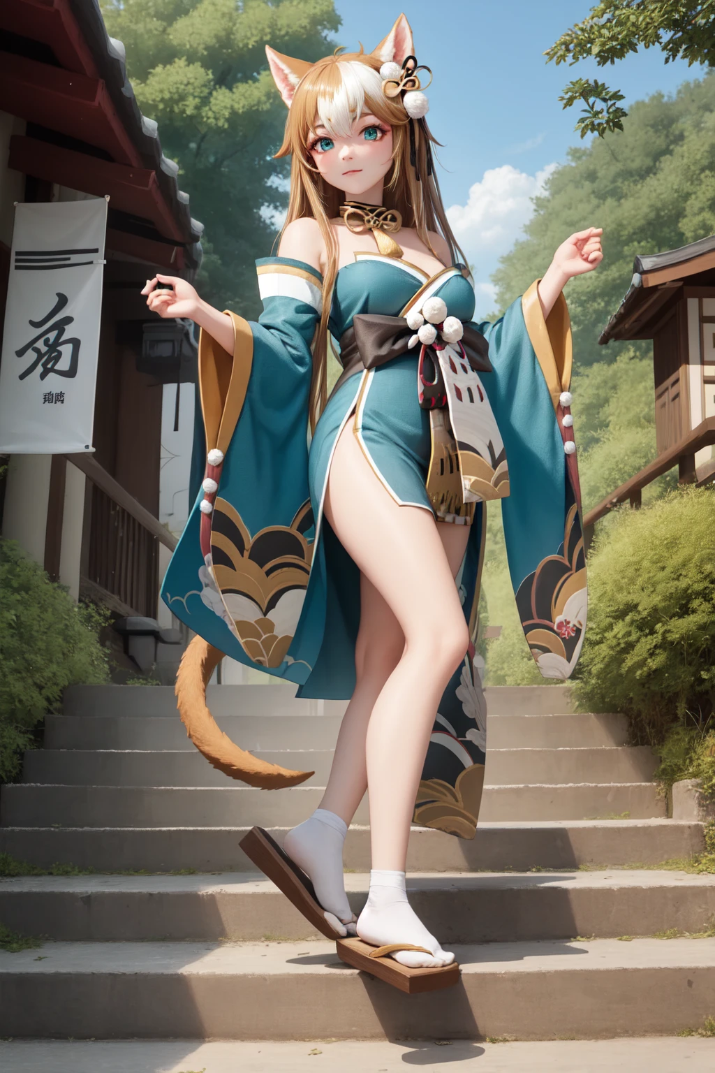 masterpiece, best quality, high quality, full body, outdoors, looking at viewer, 1girl, dynamic pose, <lora:hina-fi-09:1.0>, hina-fi, two-tone hair, japanese clothes, green kimono, tail, bare shoulders,