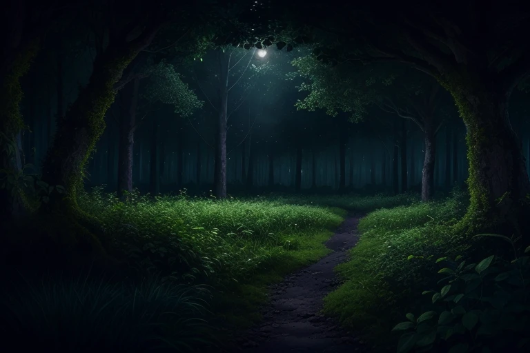 dark ambiance, deep wild untamed forrest, beautiful old trees, bushes, shrubs, mossy rocks, leafy branches, foliage, weeds, plants, mushrooms, best quality, extemely detailed, cinematic, (((((dark lighting, dark ambiance, middle of the night)))))