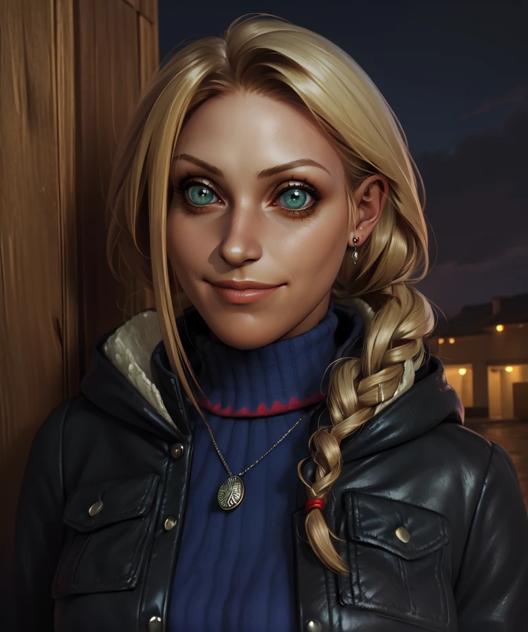 ellen,green eyes,single braid,blonde hair,
sweater,leather jacket,necklace,small red earrings,
standing,smile,
night,
(insanely detailed, beautiful detailed face,beautiful detailed eyes, masterpiece, best quality)   solo,<lora:ellen:0.7>,