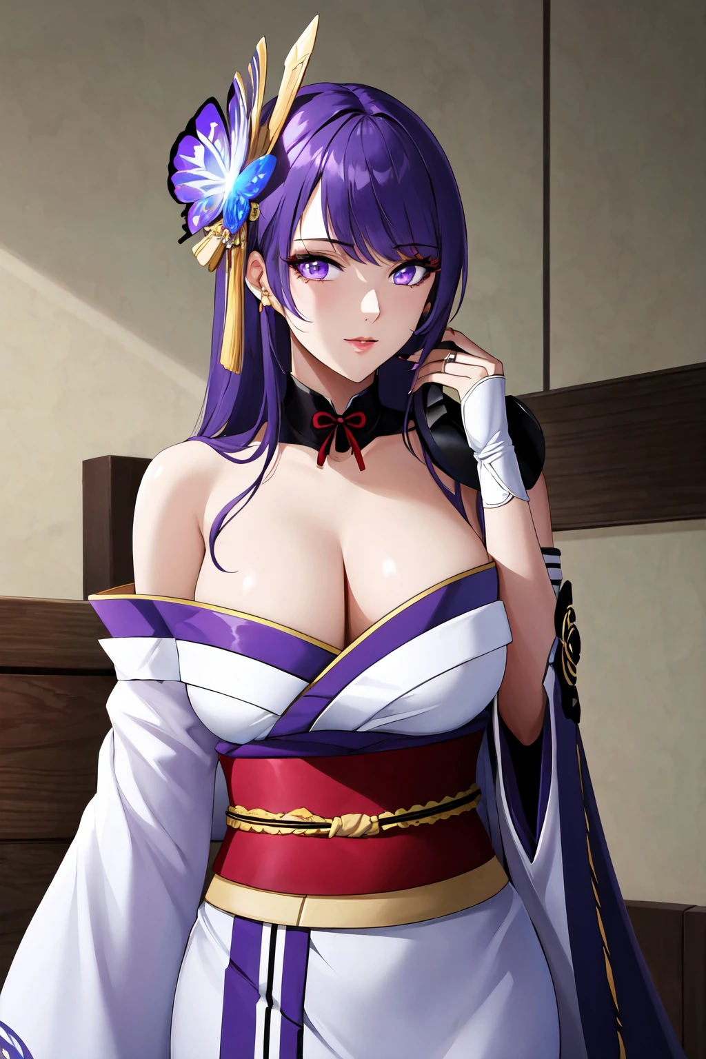 masterpiece, best quality,multiple girls, breasts, 2girls, yae miko, raiden shogun, purple eyes, pink hair, japanese clothes, purple hair, large breasts, long hair, cleavage, hair ornament, thighs, purple kimono, thighhighs, bangs, animal ears, detached sleeves, fox ears, wide sleeves, kimono, moon, weapon, braid,(kbxll:0.8)