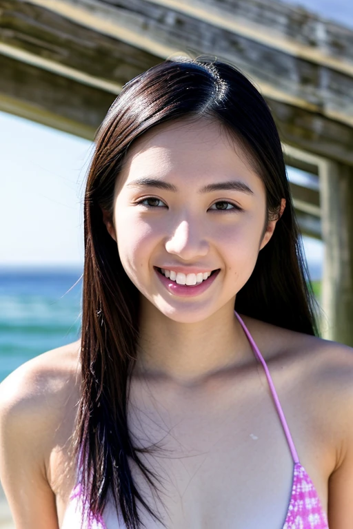 (from front:1.2),Canon EOS-1D X Mark III,(Aperture f/16) and Shutter speed 1/1000s and ISO 100,film grain,RAW HD photo of an 24 year old japanese pale skin woman named japanesebabe ,looking at viewer and facing viewer,Wearing bikini top,<lora:japanesebabeV1:0.8>,face and Shoulder, (grin,teeth) (best aesthetic:1.2) and (best quality:1.2) and (photorealistic:1.4) and (Realistic:1.4) and Detailed Skin Textures and detailed skin pores,Detailed facial features, long black hair,(detailed small breasts visible),<lora:LCM_LoRA_Weights_SD15å éå¨:0.7>,natural light, sunlight,  Beach, sand, sea water, sky, ocean background,, <lora:detail_slider_v4:1>,<lora:å¢å çå¯¦æepiCRealLife:1>