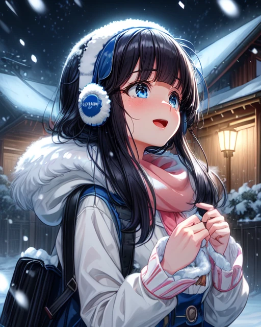 best quality, masterpiece, highres, detailed, digital artwork, <lora:Tools - add_detail:0.2>, SnowWonder, <lora:Scene - SnowWonder:0.8>, excited, snowing, night, upper body, BREAK MyojinOka, white shirt, blue dress, blue eyes, earmuffs, blunt bangs, black hair, down jacket, <lora:Character - MyojinOka:0.8>