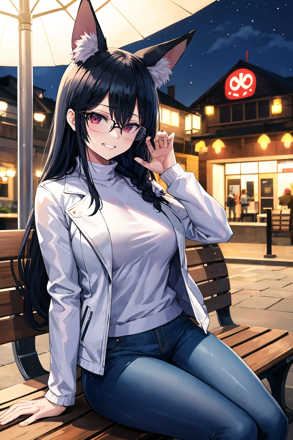 1girl, solo, sidelocks, twinbraids, (black hair), red eyes, smug, smirk, glasses, sitting, bench, partk, at night, long hair, white sweater, leather jacket, (white jacket:1.2), fox girl, fox ears, fox tail, jeans, black tail,  <lora:hanasaka-houcha-Style-v1_525004:1>