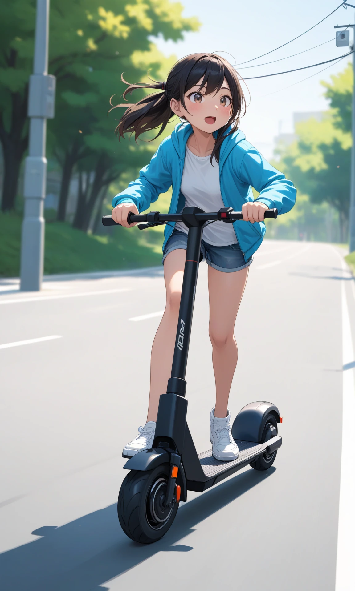 High resolution, An animated girl speeds down the road on an electric scooter., Dynamic angles