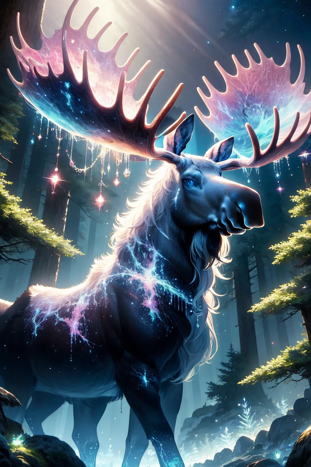 masterpiece, best quality, <lora:mythicalmoose-concept-richy-v1:1> mythicalmoose, blue eyes, nebula, aurora, from side, forest, fantasy, sunlight,