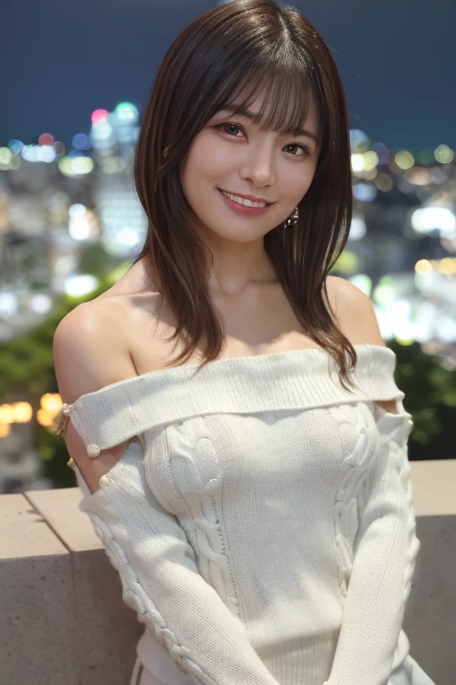 (8K, Raw photo, Photorealistic:1.25), masutepiece, Best Quality, Illustration, Ultra-detailed, delicate detail, hight resolution, 8K Wallpaper, Perfect dynamic composition, Beautiful detailed eyes, Natural Lip, (Sexy knitted dresses:1.3), (((Huge breasts :1.2, ))), cleavage, perfect glossy skin, prefect skin, (((dazzling white skin))), moist lips,、full body Esbian、young girl spreading her legs、20yr old、japanes、A smile、background is city at night、