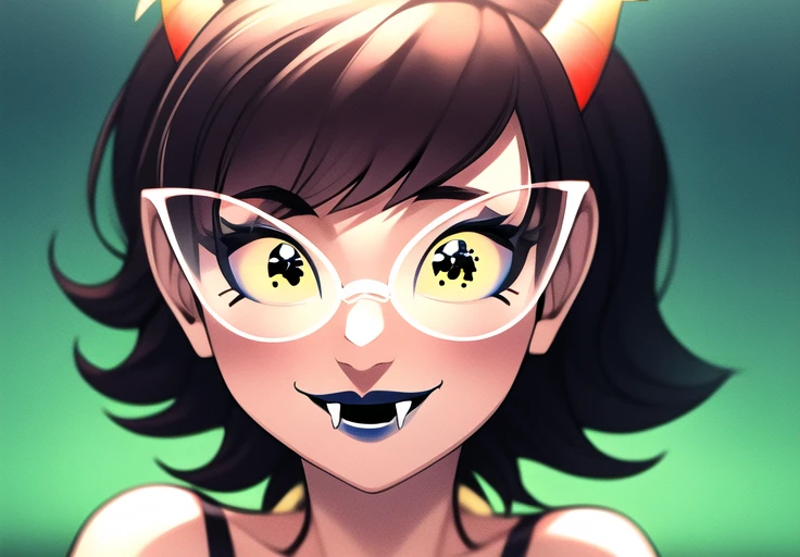 best quality, afterglow, 4k, ((masterpiece)), extremely detailed, 8k, trending on ArtStation, Intricate, High Detail, Sharp focus, <lora:Aranea_Serket-10:1> black hair, colored skin, horns, grey skin, short hair, glasses, lipstick, makeup, yellow sclera, fangs, smile