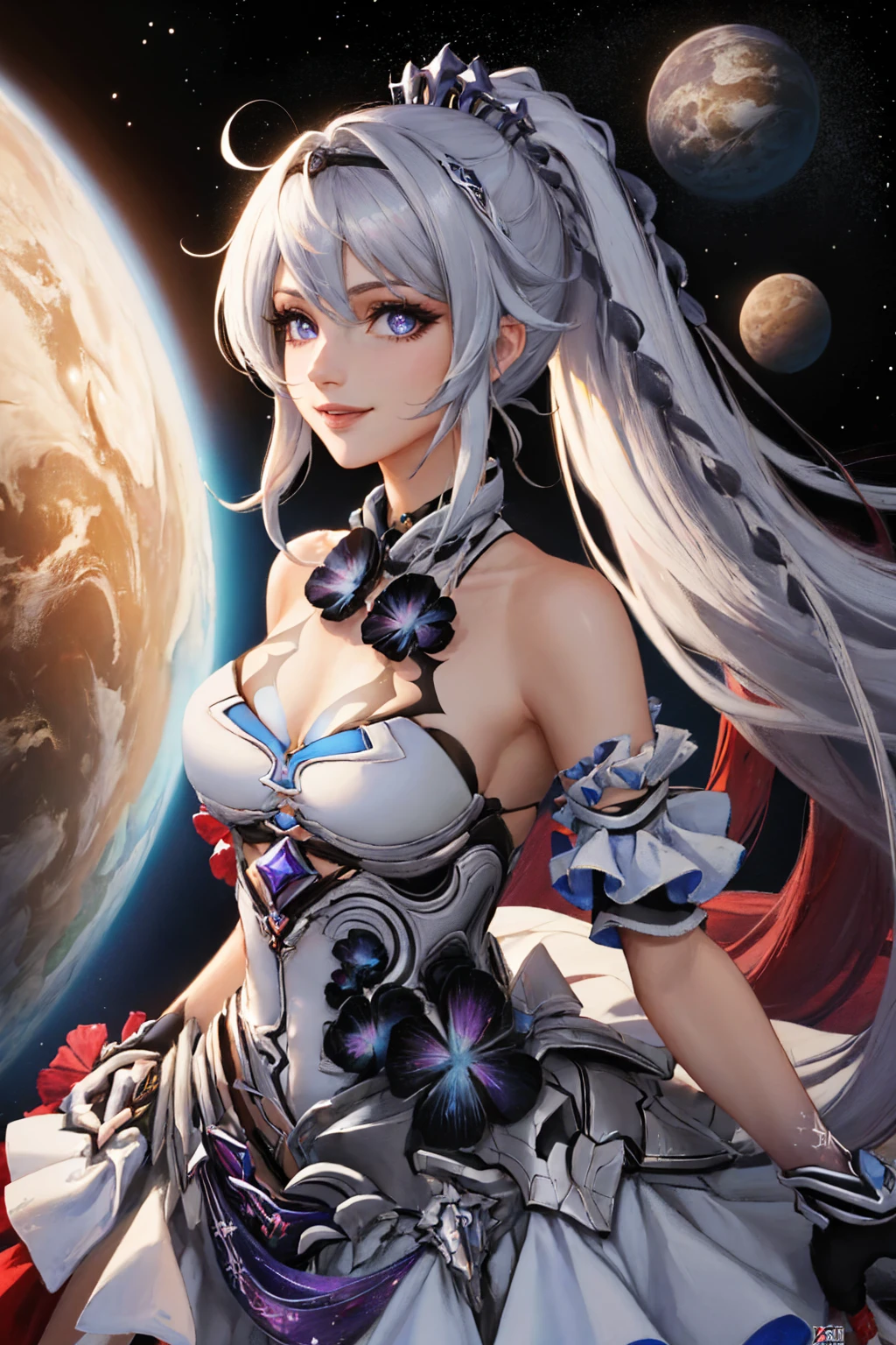 (masterpiece, best quality:1.2), solo, 1girl, herrscher of finality, smile, looking at viewer, ponytail, hair ornament, white dress, gloves, bare shoulders, cleavage, outer space <lora:hi3_herrscherof_finality-10:1>