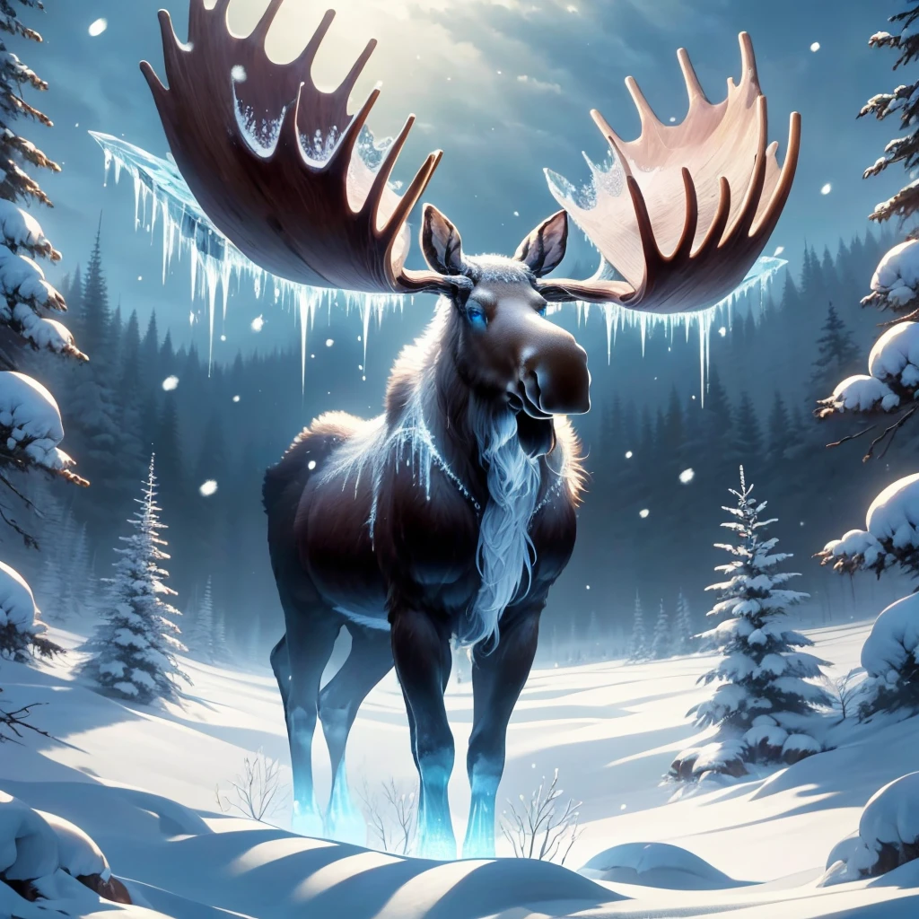 masterpiece, best quality, <lora:mythicalmoose-concept-richy-v1:1> mythicalmoose, winter, snow, ice, blue eyes, standing