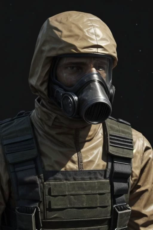 ASCIIreal e621, photorealistic, masterpiece, high-angle portrait, human soldier, wearing gloves and hazmat suit and bulletproof vest and full-face gas mask, nighttime,