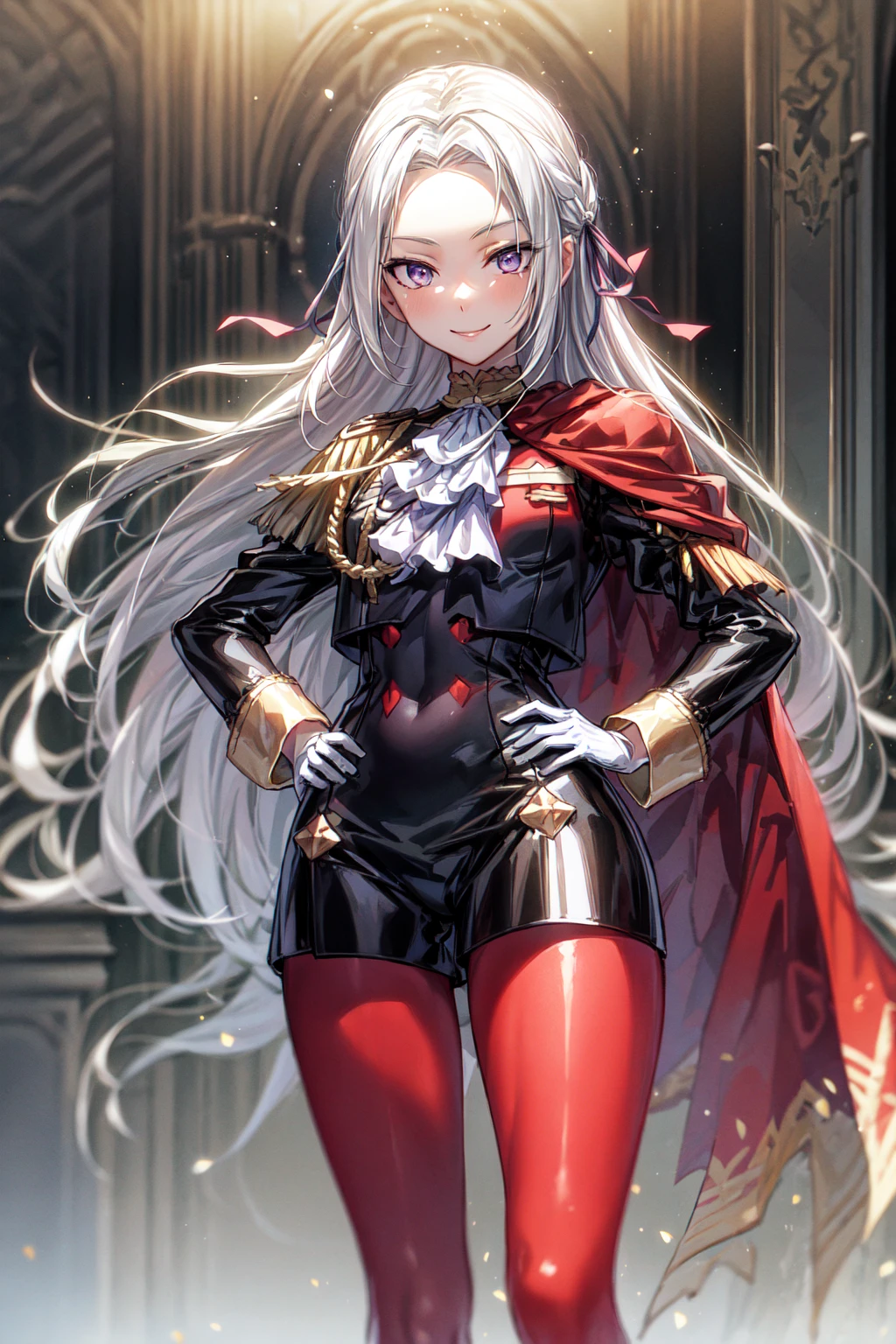 masterpiece, best quality, edelgard von hresvelg, 1girl, white hair, purple eyes, long hair, hair ribbon, black dress, black jacket, black shorts, red cape, red pantyhose, white gloves, high heels, ascot, nice hands, perfect hands,indoors, palace,feet out of frame,smile,hair flip, hand on hip,looking at viewer,face, more_details:0.5, facing viewer