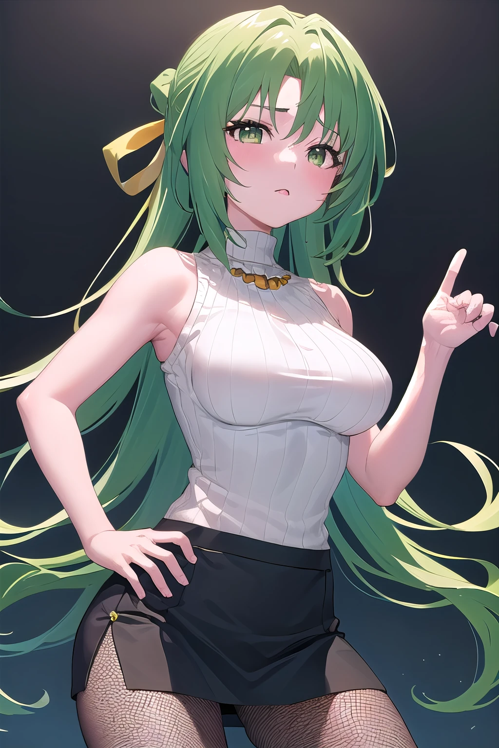 masterpiece, best quality, ultra-high-detailed, 1girl, fishnet pantyhose, Sonozaki Shion, green hair, green eyes, long hair, yellow ribbon, yellow necklace, turtleneck sweater, black skirt,