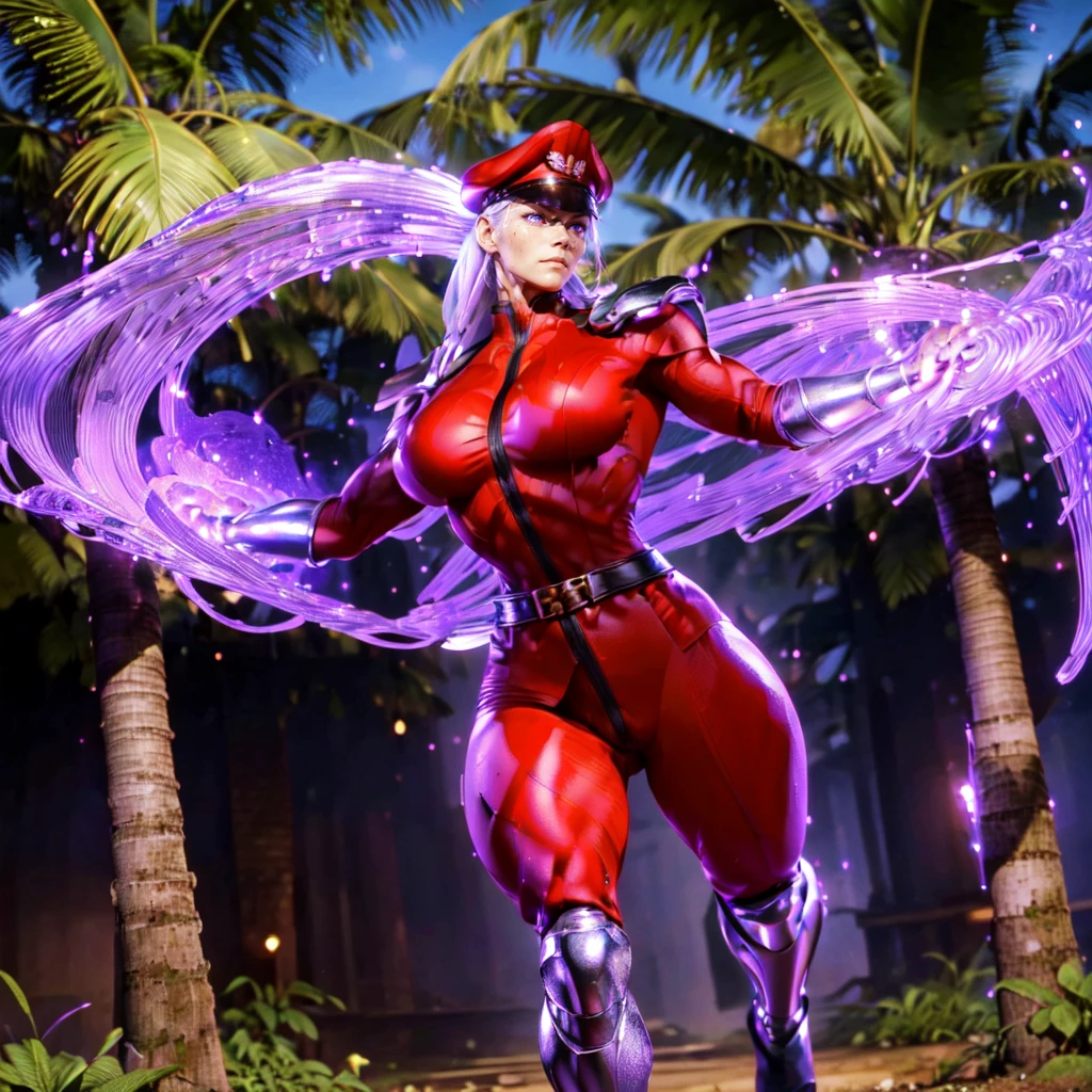 a woman fighting in a jungle, looking grim , beautiful eyes, high detail skin, high detail eyes, high detail hair, highres, ultra detailed, ,sharpen picture, Highly detailed, masterpiece, best quality, upper cut, <lora:BisonFemaleLoRA:1> woman with white hair and red outfit military cap, purple magic, cape