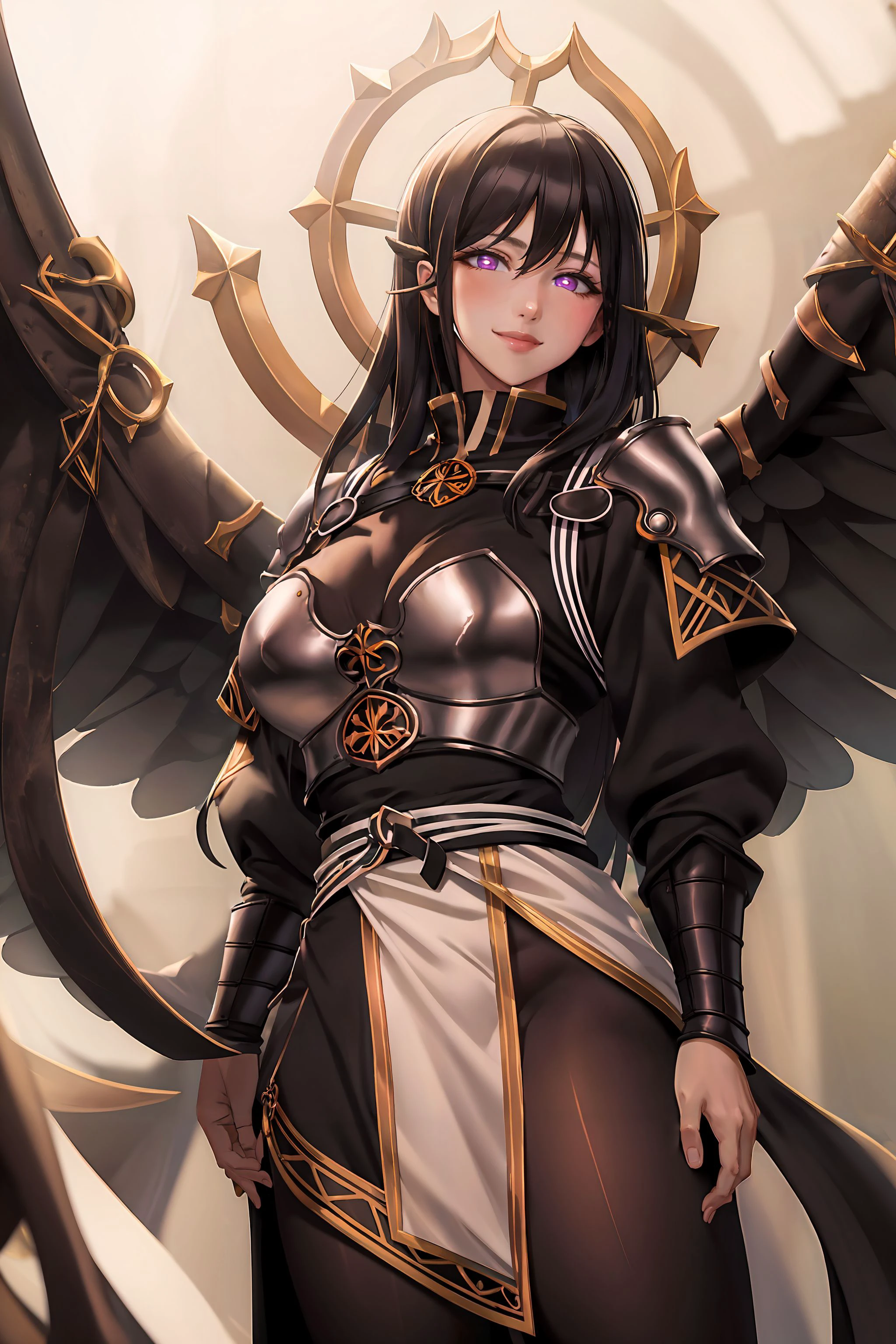 (masterpiece:1),(best_quality:1),looking at viewer,1girl,solo,sararmor,large breasts,mature female,<lora:saraqalora_V2-2-000031>,simple background,blurry background,white background,glowing eyes,white pupils,smile,shiny clothes,pelvic curtain,pantyhose,black_wings,feathered_wings,halo,blush,