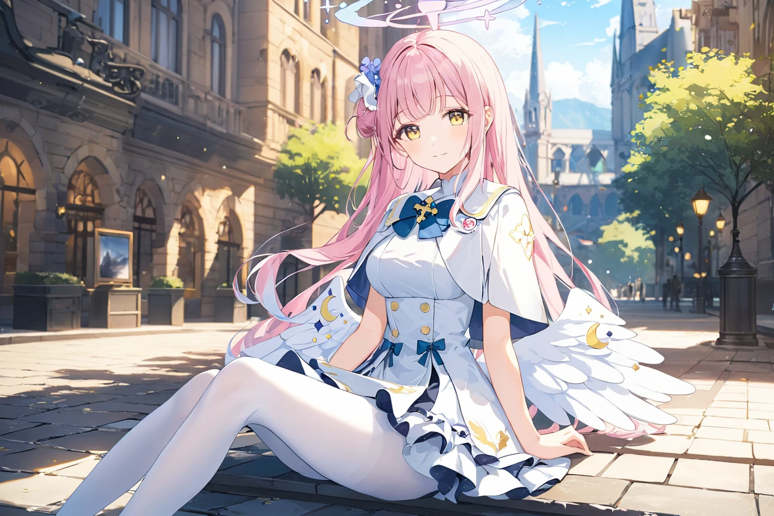 masterpiece, best quality, mika \(blue archive\), 1girl, angel wings, white pantyhose, underbust, breasts, halo, pink hair, yellow eyes, sitting, city, scenery, hair ornament, hair flower, official art <lora:mika:0.8>